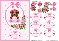 Pink A5 pup in a cup card front.
