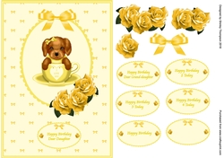 Yellow A5 pup in a cup card front