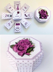 Purple roses octagonal exploding box card with gift box.