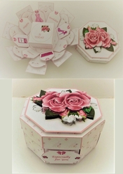 Pink roses octagonal exploding box card with gift box