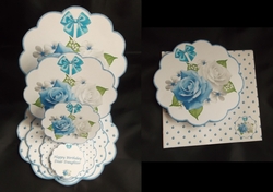 Blue and white floral scalloped triple easel card with matching envelope