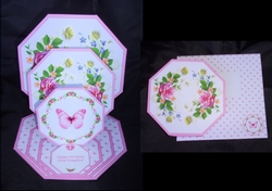 Pink roses and butterfly octagonal triple easel card with matching envelope