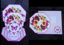 Pansies and butterfly octagonal triple easel card with matching envelope