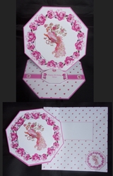 5 x 5 Bright pink peacock octagonal easel card with matching envelope