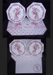 Pink roses and peacock octagonal double easel card with matching envelope