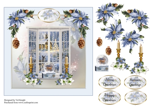 Festive Poinsettia Window Scene Card Front With Decoupage