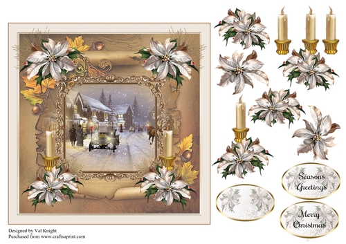 Parchment Vintage Christmas Scene Card Front With Decoupage