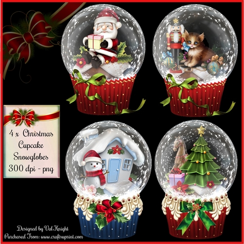 4 x Christmas Cupcake Snowglobes - PNG 300 dpi