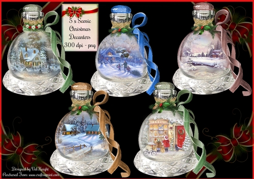 5 x Scenic Christmas Decanters - PNG 300 dpi