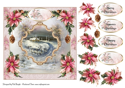 Pink Poinsettia Christmas Scene Card Front With Decoupage