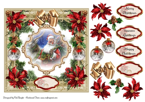 Red Poinsettia & Santa Christmas Card Front With Decoupage