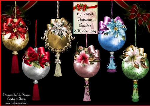 6 x Floral Christmas Baubles - PNG 300 dpi