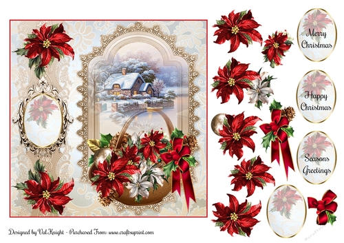 Poinsettia Christmas Basket Card Front With Decoupage