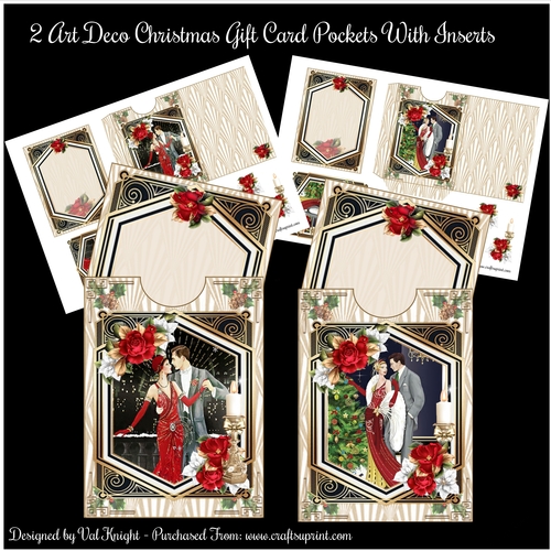 2 Art Deco Christmas Gift Card Pockets With Inserts  