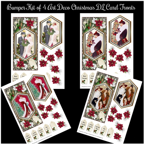 Bumper Kit of 4 Art Deco Christmas DL Card Fronts With Decoupage