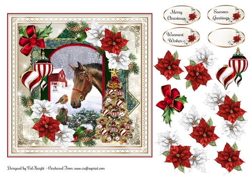 Horse and Robin Christmas Card Front With Decoupage