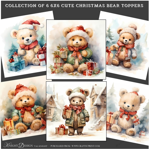 A Set Of 6 6x6 Cute Christmas Bear Toppers