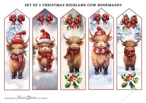 Set of 5 Christmas Highland Cow Bookmarks
