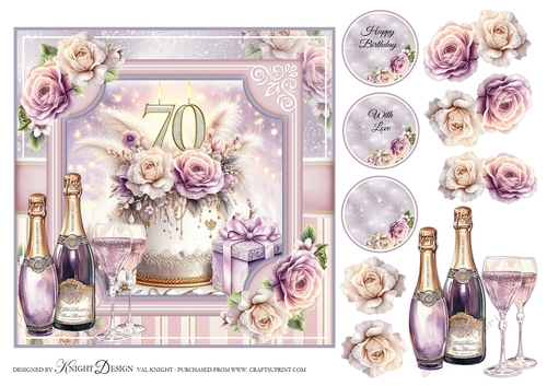 Floral 70th Birthday Cake Card Front With Decoupage 