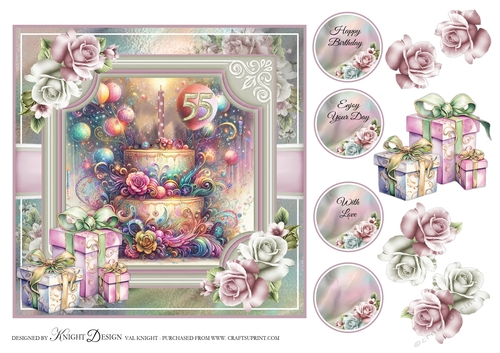 55yrs Birthday Cake Card Front With Decoupage