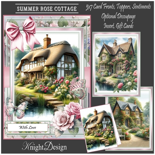 Summer Rose Cottage With Set Of 3 Card Fronts