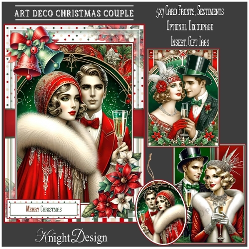 Art Deco Christmas Couple With Set Of 3 Card Fronts