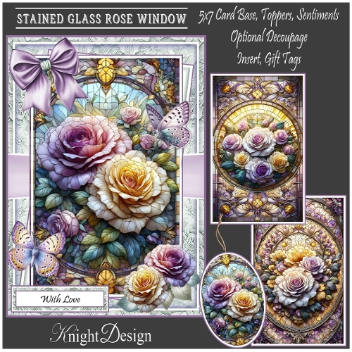 Stained Glass Rose Window With Set Of 3 Toppers