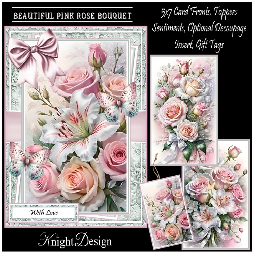 Beautiful Pink Rose Bouquet With Set Of 3 Card Fronts