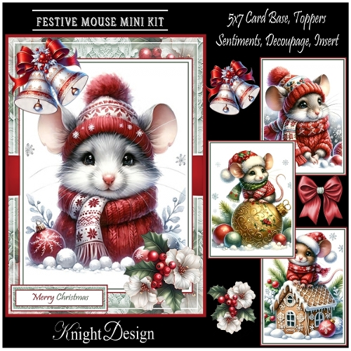 Festive Mouse With Set Of 4 Toppers