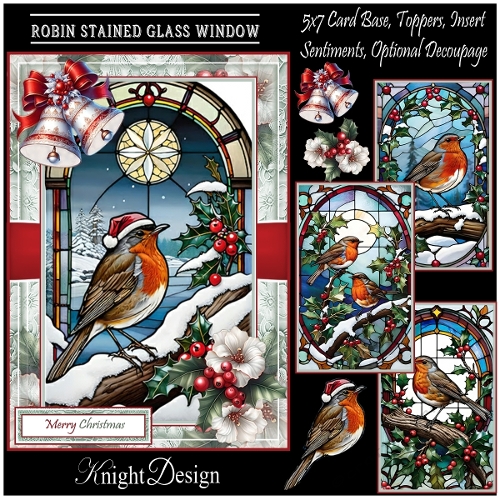 Robin Stained Glass Window With Set Of 4 Toppers