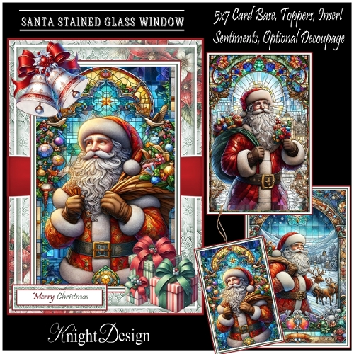 Santa Stained Glass Window With Set Of 3 Toppers