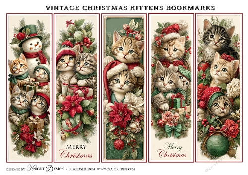 5 Vintage Christmas Kittens Bookmarks