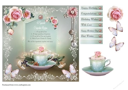 Cup Cake card front with verse. decoupage and sentiments