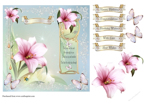 Lily Card Front with decoupage and sentiments.