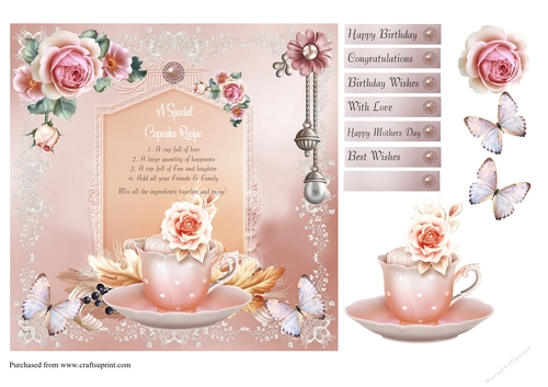 Cup cake recipe card front with verse. decoupage and sentiments