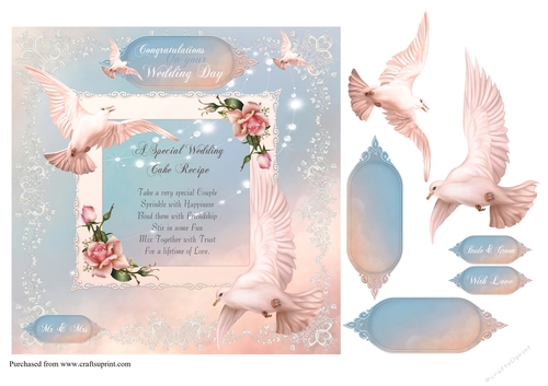 Beautful wedding cake recipe card card front with decoupage and sentiments