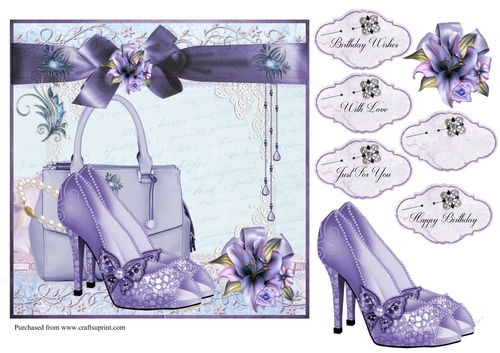 Lilac stiletto shoes, handbag and lilies card front with decoupage and sentiments