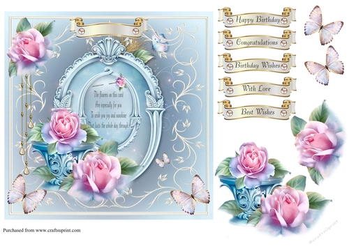 Floral card front with verse. decoupage and sentiments