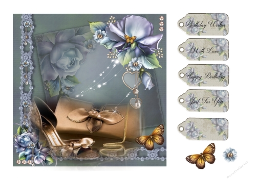 Beautiful card front with stiletto shoes, handbag and roses, decoupage and sentiments