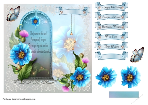 Floral card front with verse, decoupage and sentiments