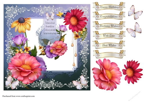 Beautiful floral card front with verse, decoupage and sentiments