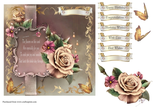 Rose floral card front with verse, decoupage and sentiments