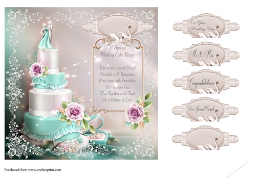 Wedding at Tiffanys - Cake recipe verse card front with decoupage and sentiments