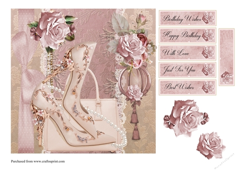 Shoes and Handbag card front with decoupage and sentiments