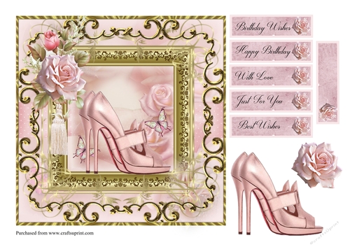 Shoes,Handbag and lace card front with decoupage and sentiments