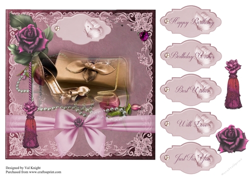 Shoes, Handbag and Floral card front with decoupage and sentiments