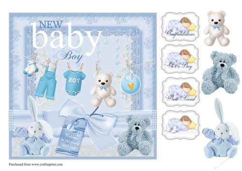 New Welcome Baby Boy card front with decoupage and sentiments