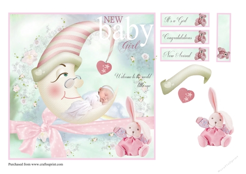 New Baby Girl pastel card front topper with decoupage and sentiments