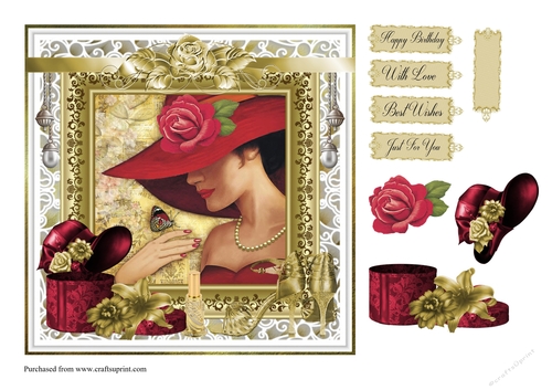 Fashion card front with hat, shoes, decoupage and sentiments