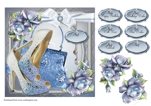 Blue Rose card front with, Shoes, Handbag, decoupage and sentiments